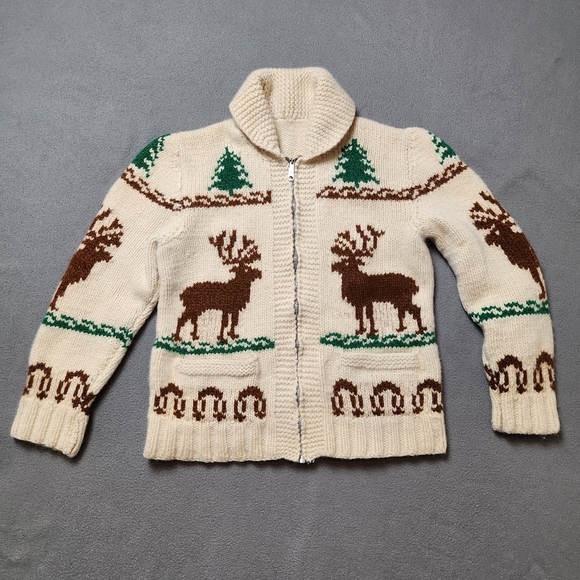 Vintage Sweaters - Vintage Wool Cowichan Zip Sweater Elk Evergreen Pattern Eclectic